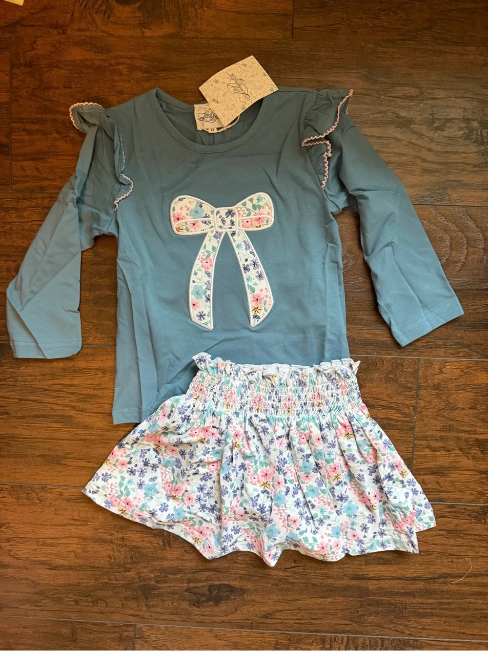 Girls Blue Bow Top and Floral Skort Set